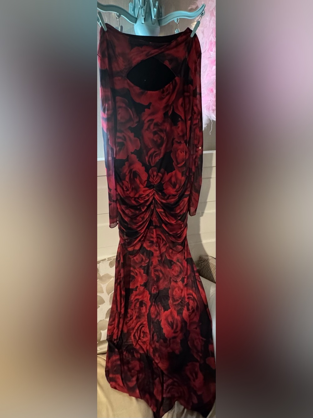 Gothic Romance Red Rose Ruched Mesh Maxi Dress | Size XL